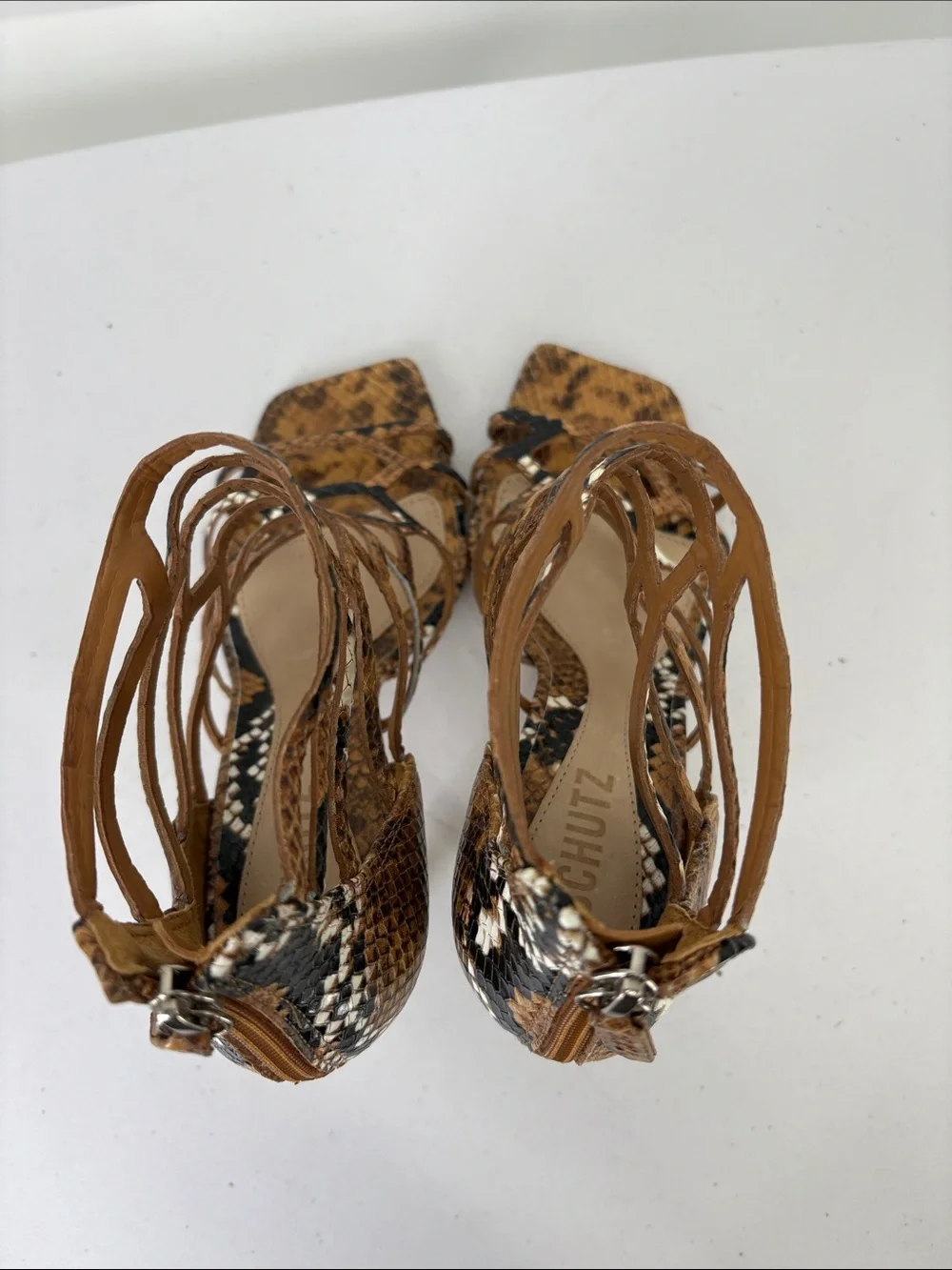 🐳 nwob SCHUTZ Brown Snake-Print Strappy cage High Heel Sandal Julianna.